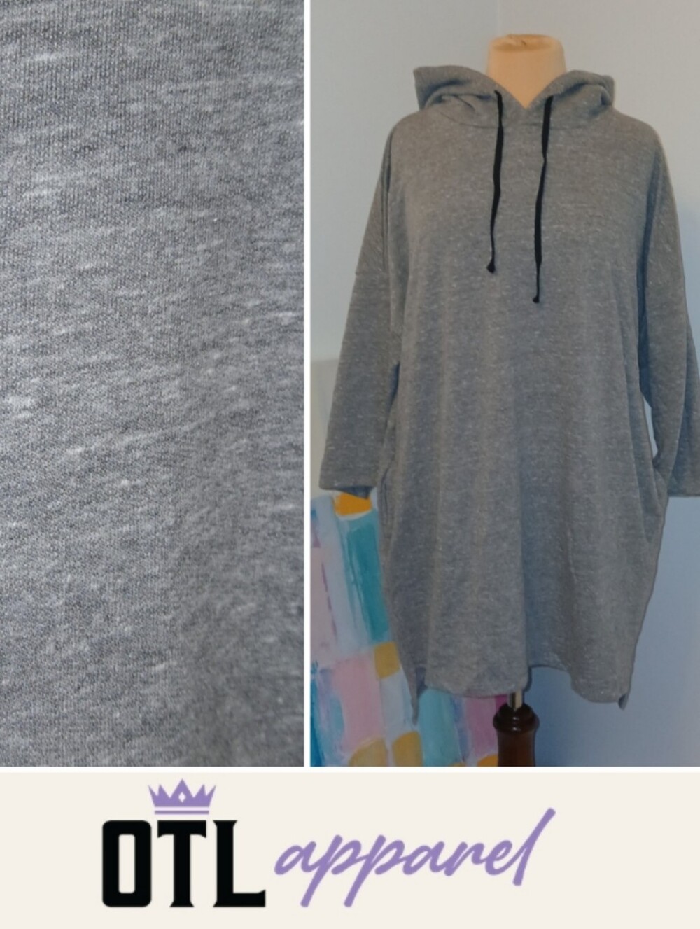 12/14 Made In USA OTL Apparel Relaxed Fit Hooded Mini Pullover Dress, Gray